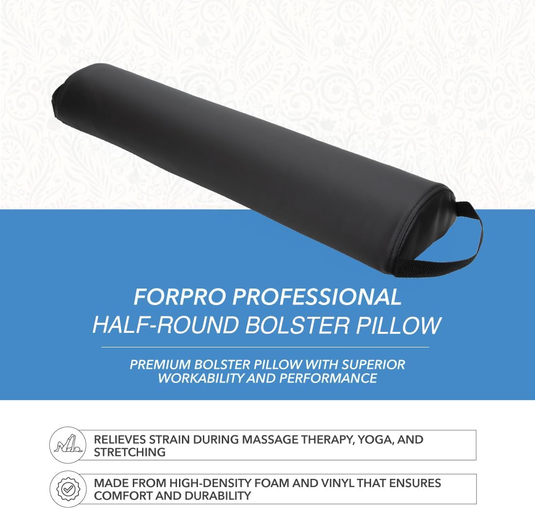 ForPro Premium Half-Round Bolster Pillow for Massage and Yoga, Oil and Stain-Resistant, 6”W x 3 H x 26”L, Black